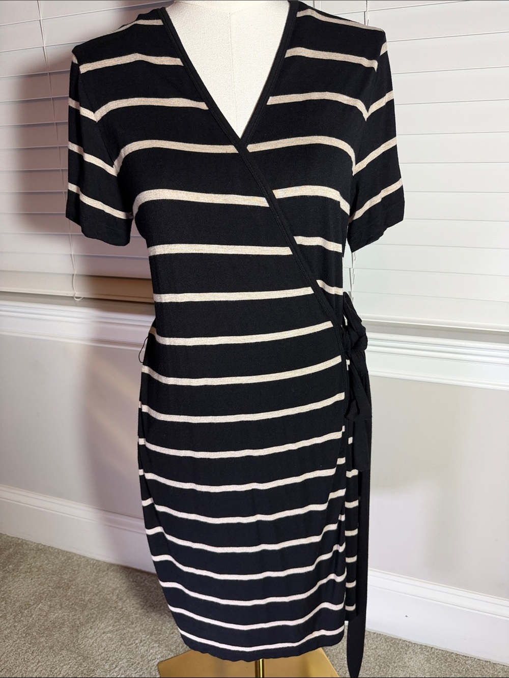 Black & Cream Striped Wrap Dress - Classic V-Neck
